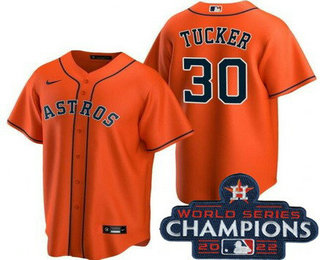 Youth Houston Astros #30 Kyle Tucker Orange 2022 World Series Champions Cool Base Jersey