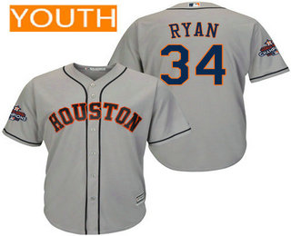 Youth Houston Astros #34 Nolan Ryan Gray Road Cool Base Stitched 2017 World Series Champions Patch Jersey