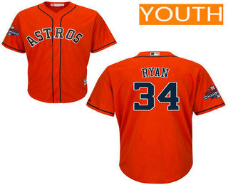 Youth Houston Astros #34 Nolan Ryan Orange Alternate Cool Base Stitched 2017 World Series Champions Patch Jersey