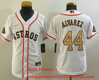Youth Houston Astros #44 Yordan Alvarez 2023 White Gold World Serise Champions Patch Cool Base Stitched Jersey 01