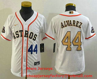 Youth Houston Astros #44 Yordan Alvarez Number 2023 White Gold World Serise Champions Patch Cool Base Stitched Jersey 01
