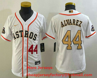 Youth Houston Astros #44 Yordan Alvarez Number 2023 White Gold World Serise Champions Patch Cool Base Stitched Jersey 02