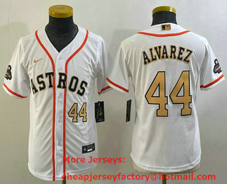 Youth Houston Astros #44 Yordan Alvarez Number 2023 White Gold World Serise Champions Patch Cool Base Stitched Jersey 03