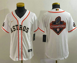Youth Houston Astros Big Logo 2023 White Gold World Serise Champions Patch Cool Base Stitched Jersey 01