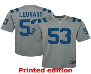 Youth Indianapolis Colts #53 Darius Leonard Gray 2019 Inverted Legend Printed NFL Nike Limited Jerse