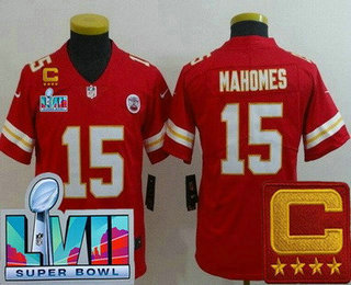 Youth Kansas City Chiefs #15 Patrick Mahomes II Limited Red C Patch Super Bowl LVII Vapor Jersey