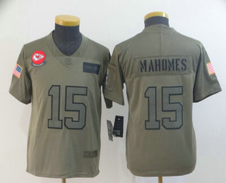 Youth Kansas City Chiefs #15 Patrick Mahomes NEW Olive 2019 Salute To Service Stitched NFL Nike Limited Jersey