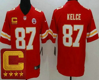 Youth Kansas City Chiefs #87 Travis Kelce Limited Red 2022 Captain Patch Vapor Jersey