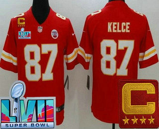 Youth Kansas City Chiefs #87 Travis Kelce Limited Red C Patch Super Bowl LVII Vapor Jersey