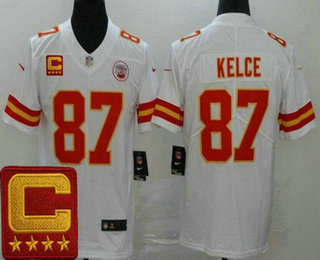 Youth Kansas City Chiefs #87 Travis Kelce Limited White 2022 Captain Patch Vapor Jersey