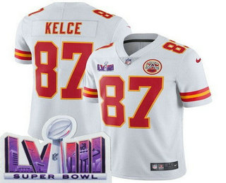 Youth Kansas City Chiefs #87 Travis Kelce Limited White LVIII Super Bowl Vapor Jersey