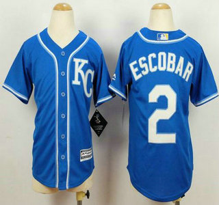 Youth Kansas City Royals #2 Alcides Escobar Alternate Blue KC MLB Cool Base Jersey