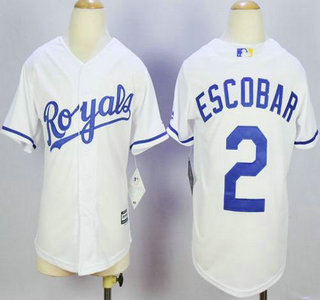 Youth Kansas City Royals #2 Alcides Escobar White 2015 MLB Cool Base Jersey