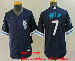 Youth Kansas City Royals #7 Bobby Witt Jr 2022 Navy Blue City Connect Cool Base Stitched Jersey