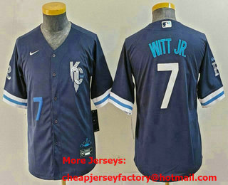 Youth Kansas City Royals #7 Bobby Witt Jr Number 2022 Navy Blue City Connect Cool Base Stitched Jersey