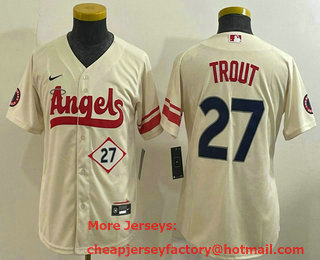 Youth Los Angeles Angels #27 Mike Trout Number Cream 2022 City Connect Cool Base Stitched Jersey