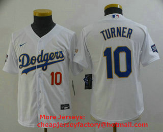 Youth Los Angeles Dodgers #10 Justin Turner Red Number White Gold Championship Stitched MLB Cool Base Nike Jersey