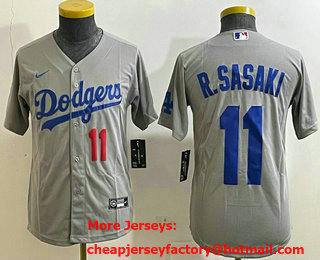 Youth Los Angeles Dodgers #11 Roki Sasaki Number Grey Cool Base Stitched Jersey