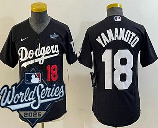 Youth Los Angeles Dodgers #18 Yoshinobu Yamamoto Black 2025 World Series Limited Jersey