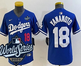 Youth Los Angeles Dodgers #18 Yoshinobu Yamamoto Blue 2025 World Series Limited Jersey