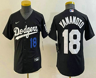 Youth Los Angeles Dodgers #18 Yoshinobu Yamamoto Number Black Turn Back The Clock Stitched Cool Base Jersey 12
