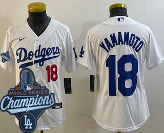 Youth Los Angeles Dodgers #18 Yoshinobu Yamamoto White 2025 World Series Champions Limited Jersey