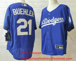 Youth Los Angeles Dodgers #21 Walker Buehler Blue 2021 City Connect Cool Base Stitched Jersey