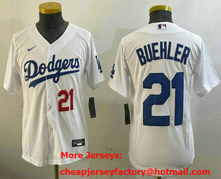 Youth Los Angeles Dodgers #21 Walker Buehler Number White Stitched Cool Base Nike Jersey