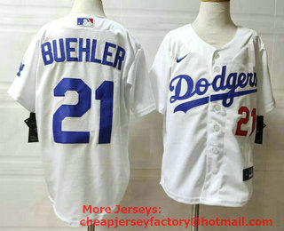 Youth Los Angeles Dodgers #21 Walker Buehler White With Front Number Stitched MLB Cool Base Nike Jersey