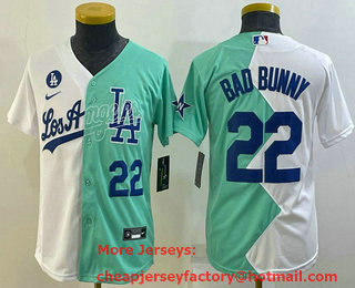 Youth Los Angeles Dodgers #22 Bad Bunny White Green Two Tone 2022 Celebrity Softball Game Cool Base Jersey 01