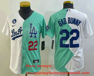 Youth Los Angeles Dodgers #22 Bad Bunny White Green Two Tone 2022 Celebrity Softball Game Cool Base Jersey 02