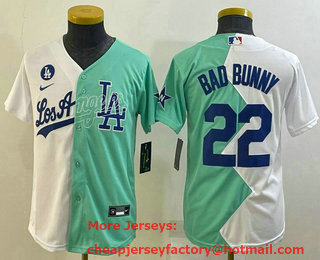 Youth Los Angeles Dodgers #22 Bad Bunny White Green Two Tone 2022 Celebrity Softball Game Cool Base Jersey 04