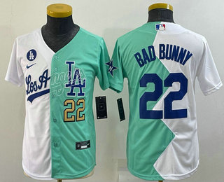 Youth Los Angeles Dodgers #22 Bad Bunny White Green Two Tone 2022 Celebrity Softball Game Cool Base Jersey 3