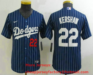 Youth Los Angeles Dodgers #22 Clayton Kershaw Navy Blue Pinstripe Stitched MLB Cool Base Nike Jersey