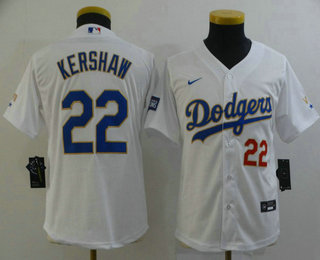 Youth Los Angeles Dodgers #22 Clayton Kershaw Red Number White Gold Championship Stitched MLB Cool Base Nike Jersey