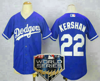 Youth Los Angeles Dodgers #22 Clayton Kershaw Royal Blue 2018 World Series Patch Stitched MLB Cool Base Jersey