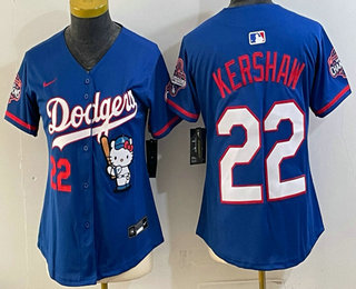 Youth Los Angeles Dodgers #22 Clayton Kershaw Royal Hello Kitty 2025 World Series Champions Patch Stitched Jersey