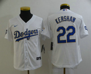 Youth Los Angeles Dodgers #22 Clayton Kershaw White Gold Championship Stitched MLB Cool Base Nike Jersey