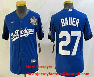 Youth Los Angeles Dodgers #27 Trevor Bauer Blue 2024 World Series City Connect Cool Base Stitched Jersey