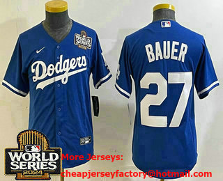 Youth Los Angeles Dodgers #27 Trevor Bauer Blue 2024 World Series Limited Cool Base Stitched Jersey