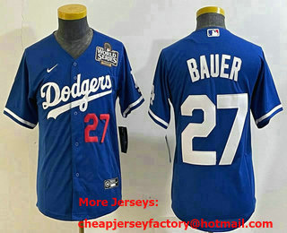 Youth Los Angeles Dodgers #27 Trevor Bauer Number Blue 2024 World Series Limited Cool Base Stitched Jersey