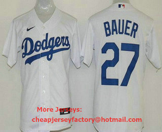 Youth Los Angeles Dodgers #27 Trevor Bauer White Cool Base Jersey