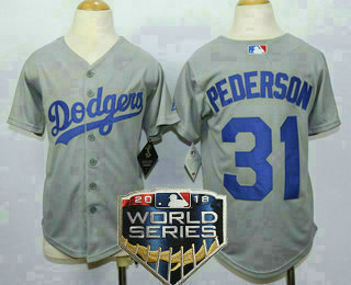 Youth Los Angeles Dodgers #31 Joc Pederson Away Gray 2018 World Series Patch MLB Cool Base Jersey