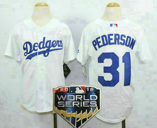 Youth Los Angeles Dodgers #31 Joc Pederson White Home 2018 World Series Patch Cool Base Baseball Jersey