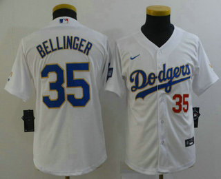 Youth Los Angeles Dodgers #35 Cody Bellinger Red Number White Gold Championship Stitched MLB Cool Base Nike Jersey