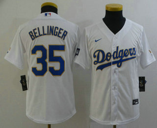 Youth Los Angeles Dodgers #35 Cody Bellinger White Gold Championship Stitched MLB Cool Base Nike Jersey