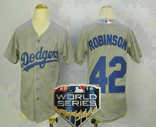 Youth Los Angeles Dodgers #42 Jackie Robinson Gray Alternate 2018 World Series Patch Stitched MLB Cool Base Jersey