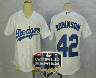 Youth Los Angeles Dodgers #42 Jackie Robinson Retired White 2018 World Series Patch Stitched MLB Cool Base Jersey