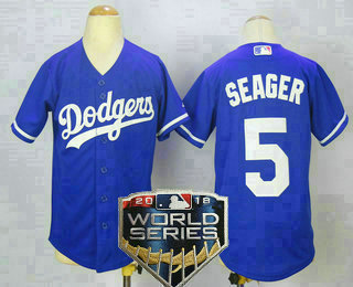 Youth Los Angeles Dodgers #5 Corey Seager Royal Blue 2018 World Series Patch Stitched MLB Cool Base Jersey
