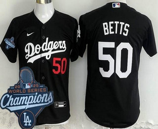 Youth Los Angeles Dodgers #50 Mookie Betts Black 2025 World Series Champions Cool Base Jersey
